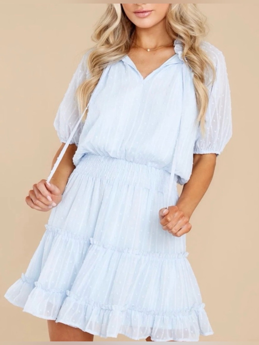 Entro NWT light blue smocked dotted ruffle dress sz M